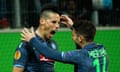 Napoli's Marek Hamsik celebrates with Dries Mertens after scoring his second goal against Wolfsburg