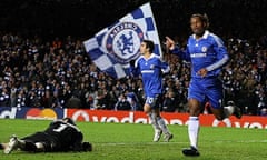 Didier Drogba celebrates scoring the second goal for Chelsea against Cluj