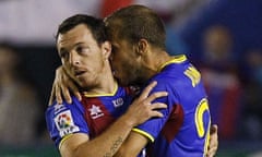 Levante's Rubén Suárez, left, and Juanlu celebrate their side's victory over Real Sociedad