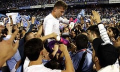 Celta Vigo's goalkeeper Ruben Blanco celebrates with supporters