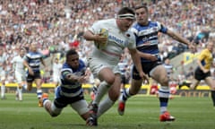 Saracens hooker Jamie George beats Kyle Eastmond (left) and George Ford to the line for his side's s