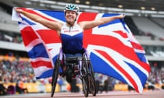 Hannah Cockroft celebrates after winning the T34 400m at the Olympic Stadium on the final day of the