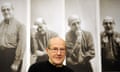 Manoel de Oliveira in front of a montage announcing an exhibition of his work in 2009 in Berlin