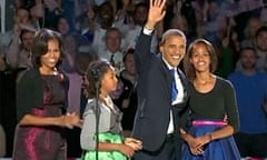 Re-elected President Obama with his family at the Democrat celebrations on election night 2012