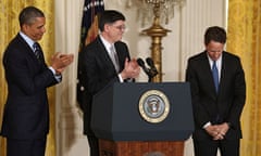 Tim Geithner is congratulated by Barack Obama and Jack Lew