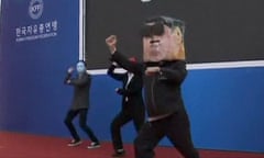 South Korean protester dancing Comrade Style in Kim Jong-un mask