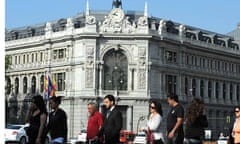 Madrid - passers by in front of Bank of Spain building