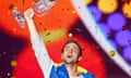 Singer Zelmerloew representing Sweden celebrates 