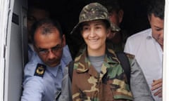 French-Colombian hostage Ingrid Betancourt prepares to get down from the plane upon her arrival at the Catam air base in Bogota