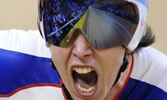 Britain's Rebecca Romero celebrates after winning the gold medal in the Track cycling womens individual pursuit final in Beijing