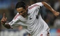 Filippo Inzaghi of AC Milan celebrates after scoring a goal against Olympique Marseille