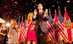 Republican senator Marco Rubio celebrates at his victory party in Coral Gables in Florida
