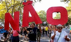 People march during a protest in Lisbon