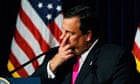 New Jersey Governor Chris Christie wipes a tear as he responds to a request to run for president