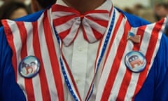A patriotic party goer awaits election results at the US Embassy in London.