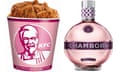 Breast cancer awareness pink products: KFC bucket and Chambord drink