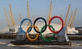 Giant Olympic rings on a Thames barge