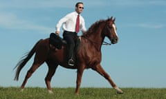 Young businessman riding a horse