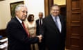 Pasok leader Evangelos Venizelos (right) shakes hands with Democratic Left leader Fotis Kouvelis