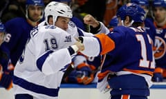 New York Islanders left wing Matt Martin fights with Tampa Bay Lightning's BJ Crombeen