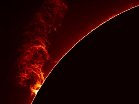 Massive solar flares form unique patterns as they rise and fall over the surface of the sun. Captured by an amateur astronomer from his back garden in Spain.