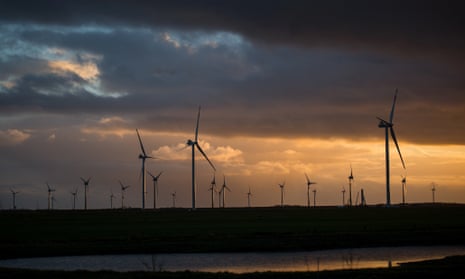 Wind turbines seen at sunset in Germany