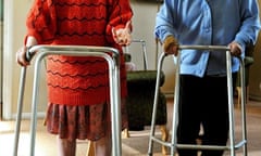 Elderly people walk with frames