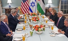 US secretary of state John Kerry (centre-L) hosts dinner for the Middle East peace process talks in Washington DC.