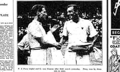 Fred Perry wins Winbledon in 1935, Guardian photograph of Perry and runner up G von Cramm