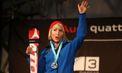 Heather Mills on the podium celebrating her silver medal.