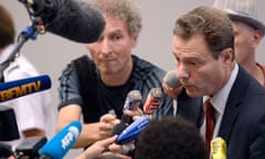 Annecy prosecutor Eric Maillaud talks to journalists at a press conference one year after shootings