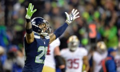 Seattle Seahawks cornerback Richard Sherman reacts to the game-winning interception against the San Francisco 49ers