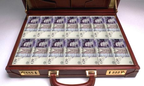 Briefcase full of twenty pound banknotes