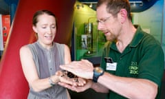 Amy Fleming with Dave Clarke of London zoo and Agatha the Mexican red-kneed spider.