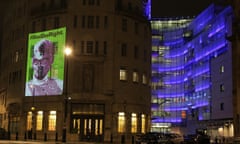Mary Whitehouse image projected onto the side of Broadcasting House