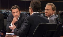 Bill Maher and Ben Affleck look on as Sam Harris, author of Waking Up: A Guide to Spirituality Without Religion, speaks during Real Time With Bill Maher.