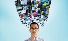 young man beneath cloud of images