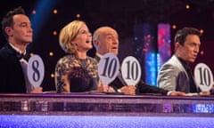 Judges Craig Revel Horwood, Darcey Bussell, Len Goodman and Bruno Tonioli hold up their scores on the Strictly Come Dancing live show.