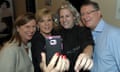 Liberal MP Elizabeth Miller, Julie Bishop, a hair salon customer and Denis Napthine pose for a selfie as they campaign in Bentleigh on Friday