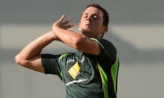 Josh Hazlewood bowls during an Australian training session at the Gabba on 15 December.