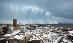 Storm clouds and snow over Lake Erie in Buffalo, New York