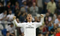 Real Madrid's Portuguese striker Cristiano Ronaldo celebrates after scoring his fourth goal during the Spanish Liga Primera Division match between Real Madrid and Elche