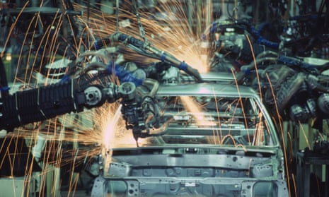 Robots welding on a car production line in 2005.