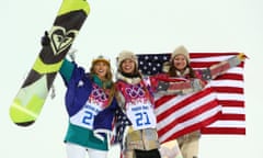 Torah Bright of Australia (silver), Kaitlyn Farrington of the US (gold) and Kelly Clark of the US (bronze) celebrate.