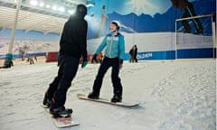 Zoe Williams learning to snowboard, at the Snow Centre in Hemel Hempstead