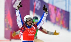 France's Pierre Vaultier celebrates after winning the men's snowboard cross finals at the 2014 Sochi Winter Olympic Games in Rosa Khutor.