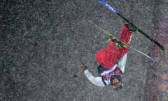 America's David Wise, the eventual winner of the men's freestyle skiing halfpipe, during his gold-medal run.