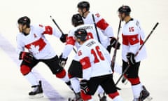 Shea Weber celebrates his goal with his Canadian team-mates.