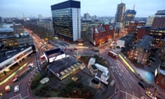 Traffic passes around the Old Street roundabout, in the area known as London's Tech City, in London.