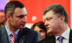 Vitali Klitschko, the leader of Udar party, with Petro Poroshenko during his party congress in Kiev on Saturday.